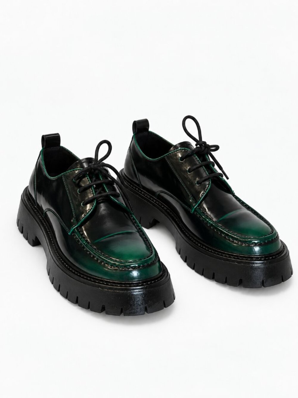 Vintage Green Black Patent Platform Derby Oxford Lug Sole Shoes EU 38 7 7.5
